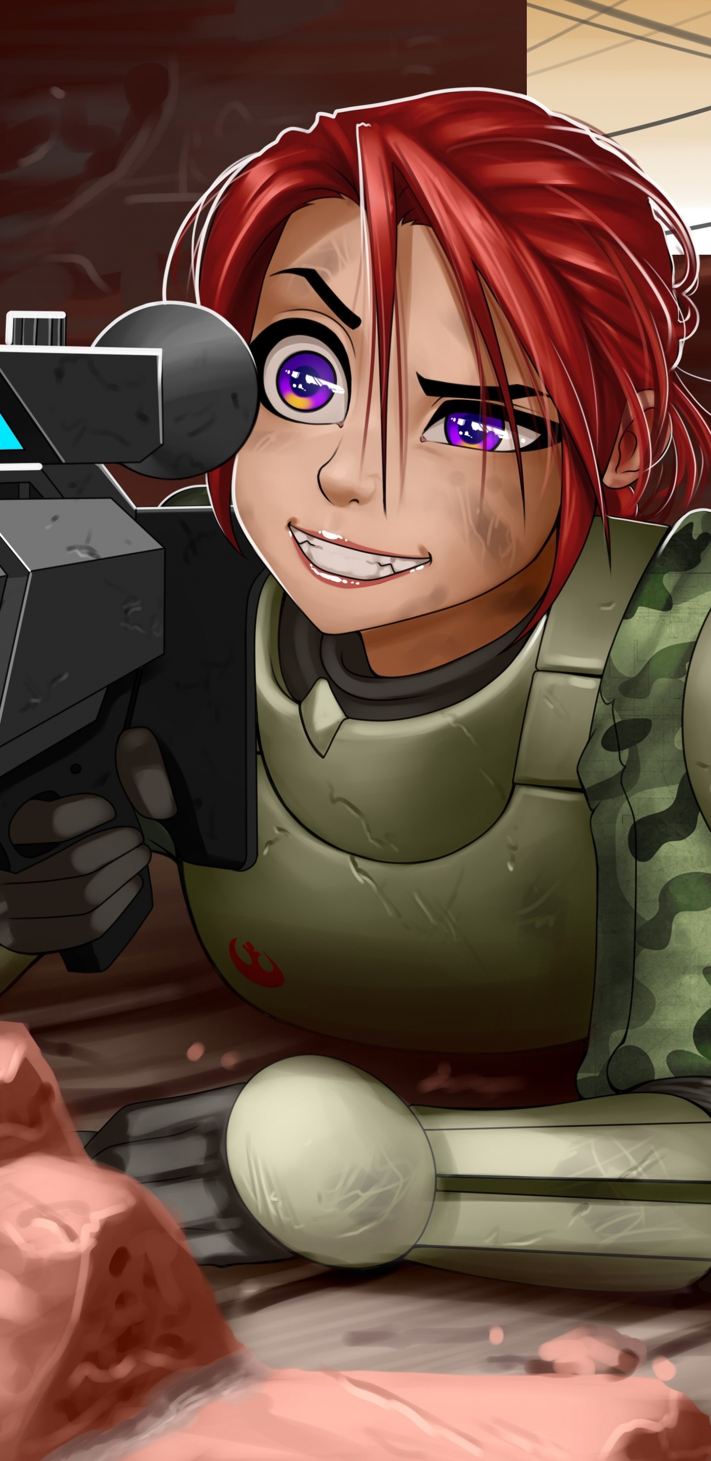 Frau im Grünen Und Schwarzen Tarnanzug Anime-Charakter. Wallpaper in 1440x2960 Resolution