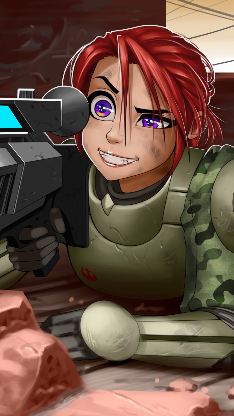 Frau im Grünen Und Schwarzen Tarnanzug Anime-Charakter. Wallpaper in 750x1334 Resolution