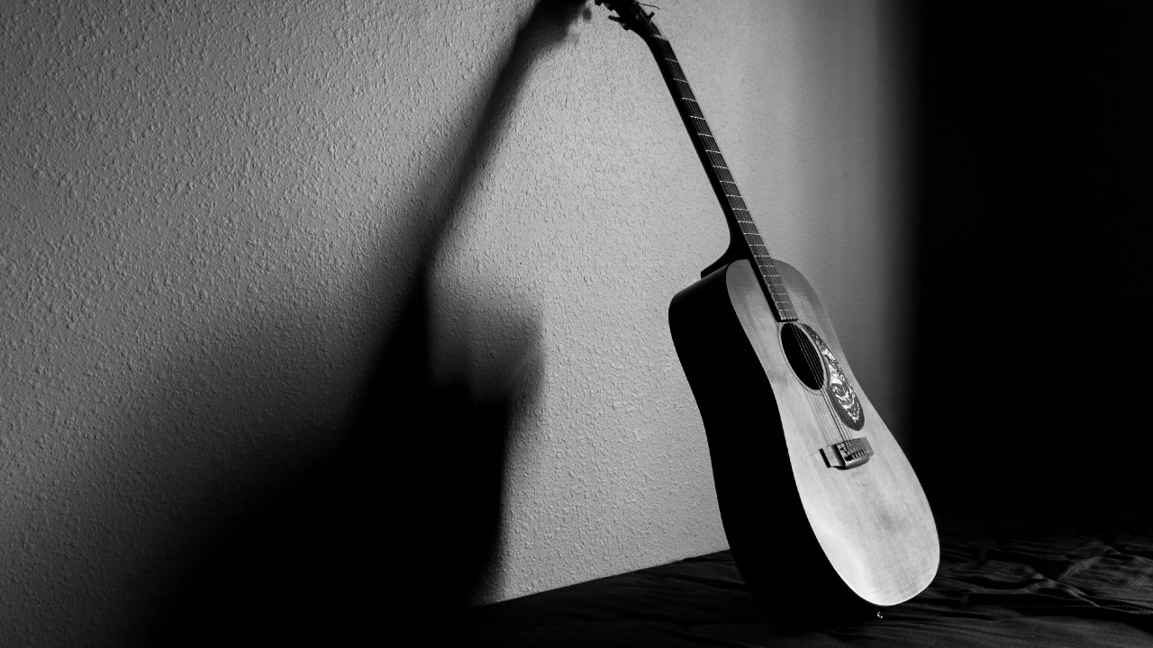 吉他, 声吉他, 拨弦乐器, 麦克风, 黑色和白色的 壁纸 1280x720 允许