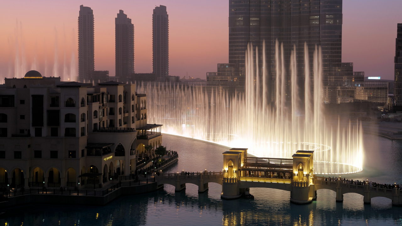 迪拜购物中心, 迪拜喷泉, 哈利法塔, 城市, 里程碑 壁纸 1280x720 允许
