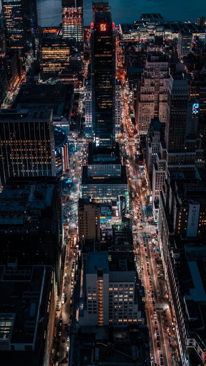 Aerial View of City Lights, Empire State Building, Night, City, Light. Wallpaper in 720x1280 Resolution
