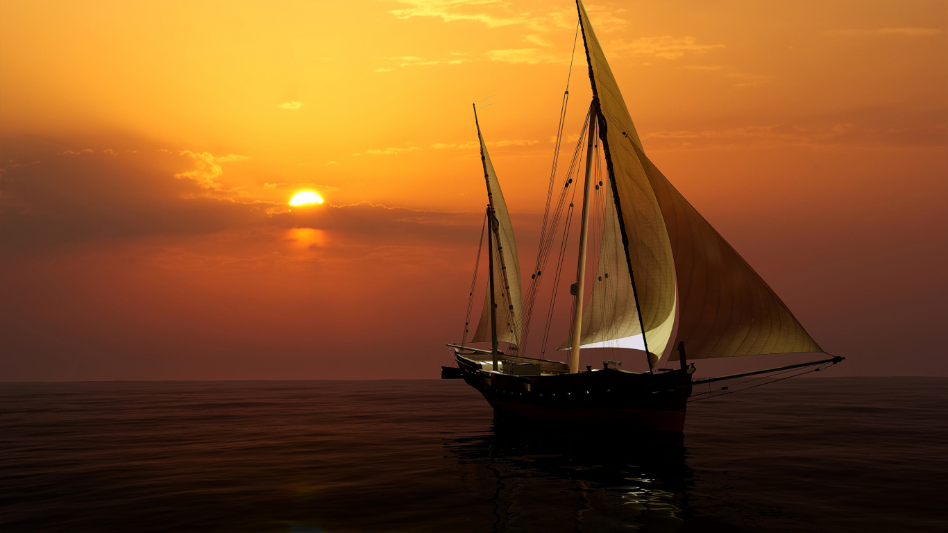 Silhouette of Boat on Sea During Sunset. Wallpaper in 1366x768 Resolution