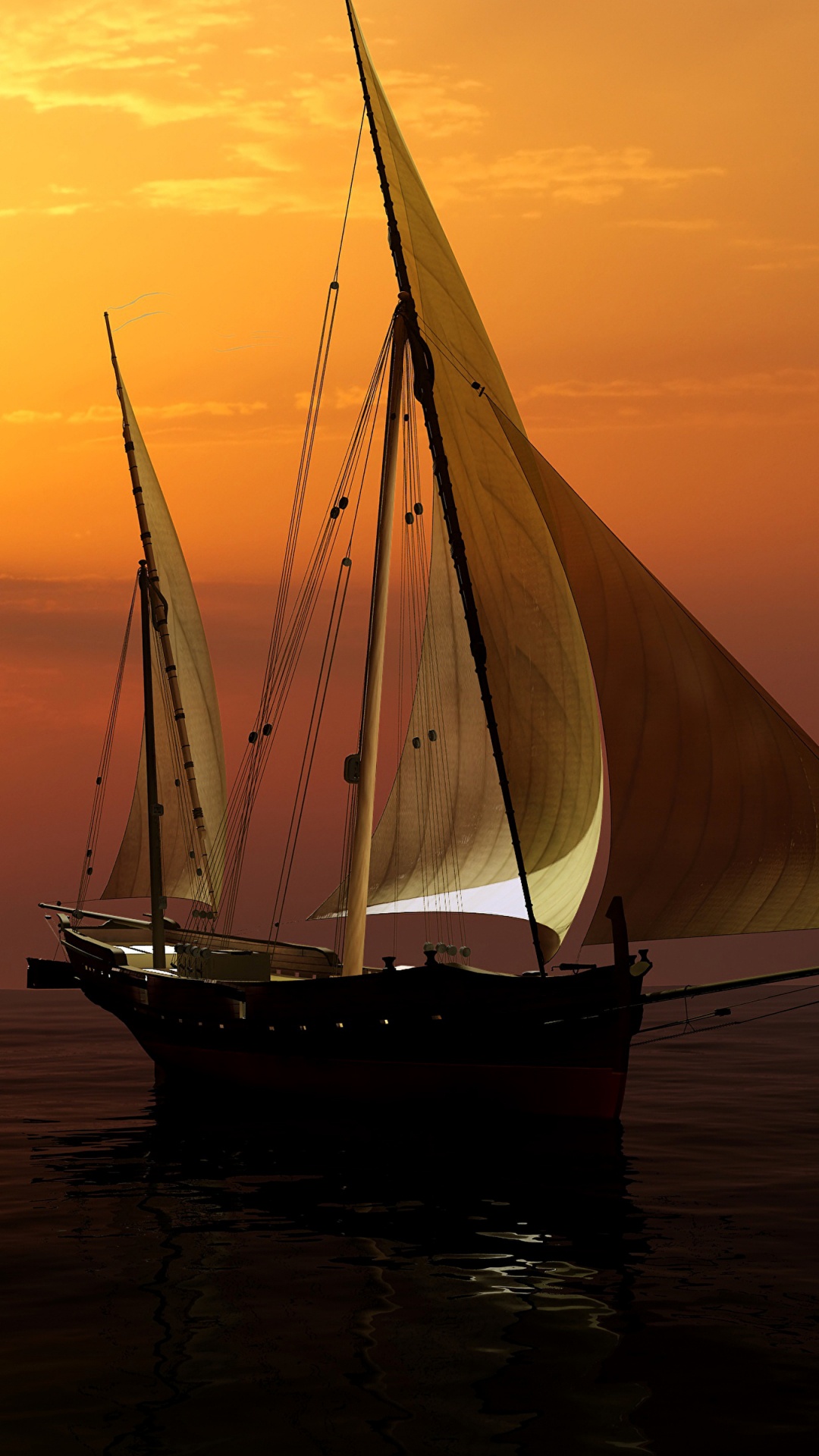Silhouette Des Bootes Auf Dem Meer Bei Sonnenuntergang. Wallpaper in 1080x1920 Resolution