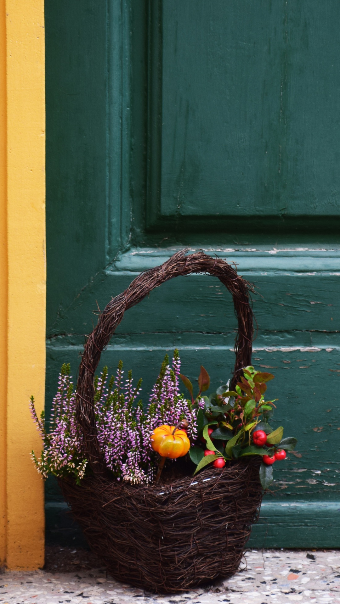 Brown Wicker Basket With Green Leaves on Gray Concrete Floor. Wallpaper in 1080x1920 Resolution