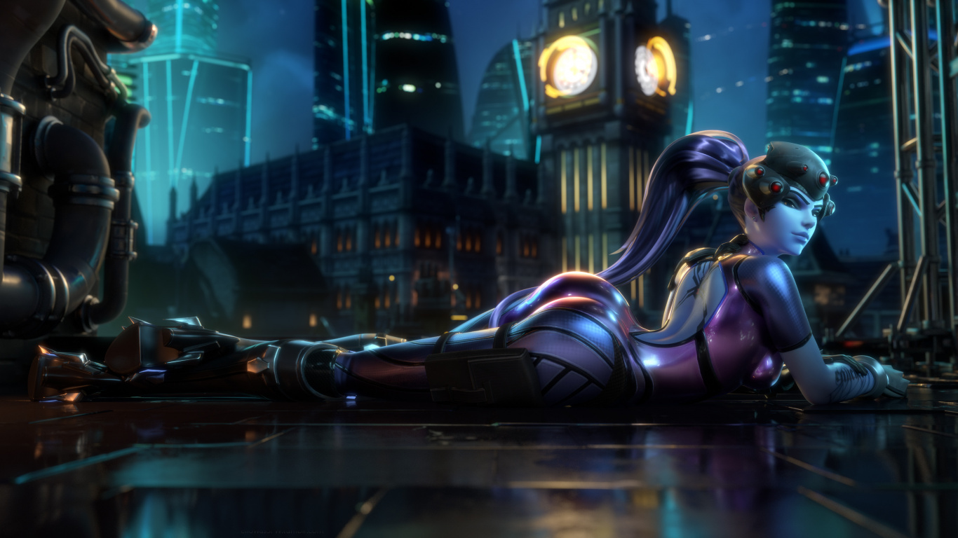 Widowmaker Overwatch, Overwatch, Lena Oxton, Clock, Darkness. Wallpaper in 1366x768 Resolution