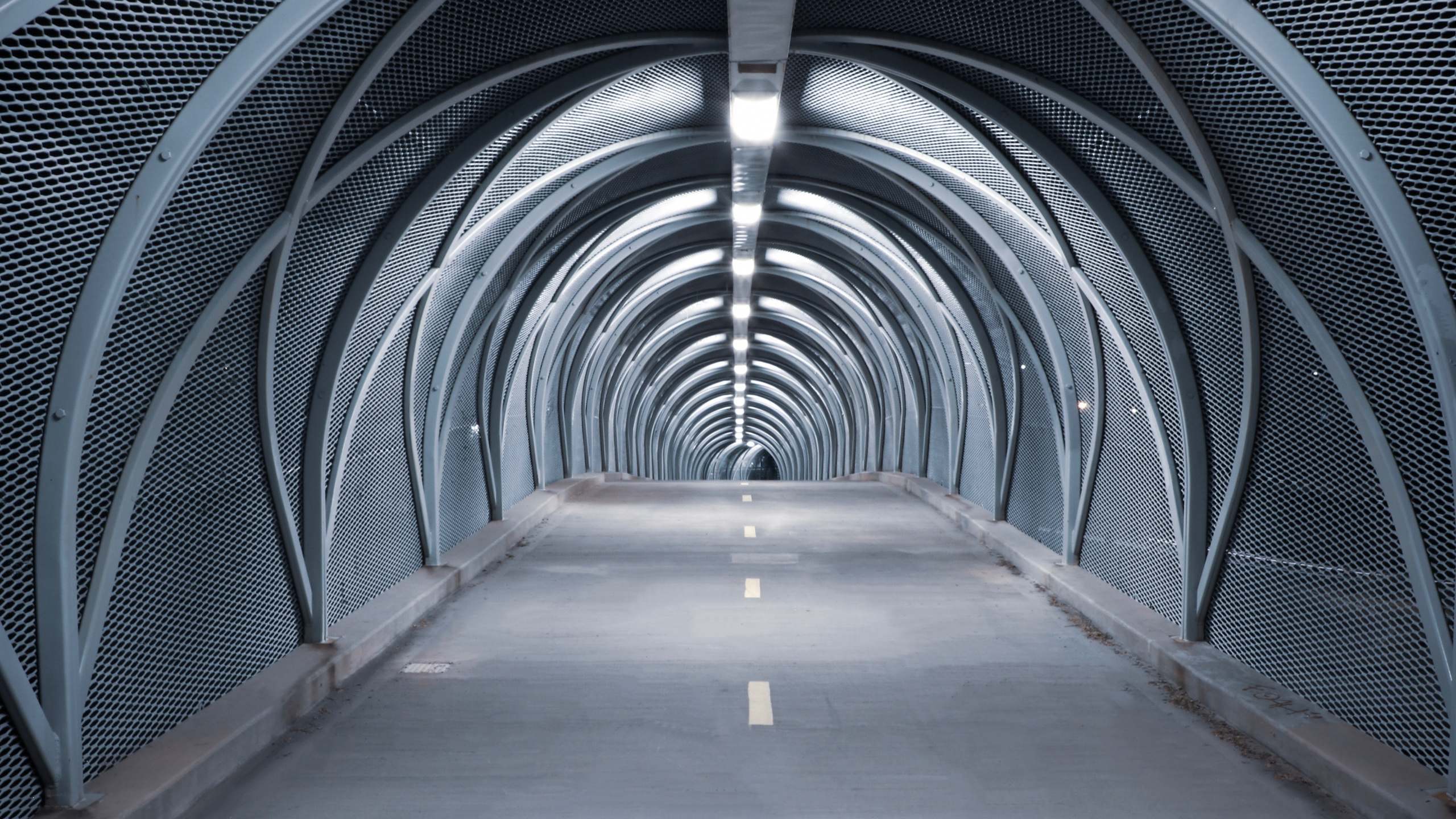 Pasillo de Madera Marrón Con Barandas de Metal Azul. Wallpaper in 2560x1440 Resolution