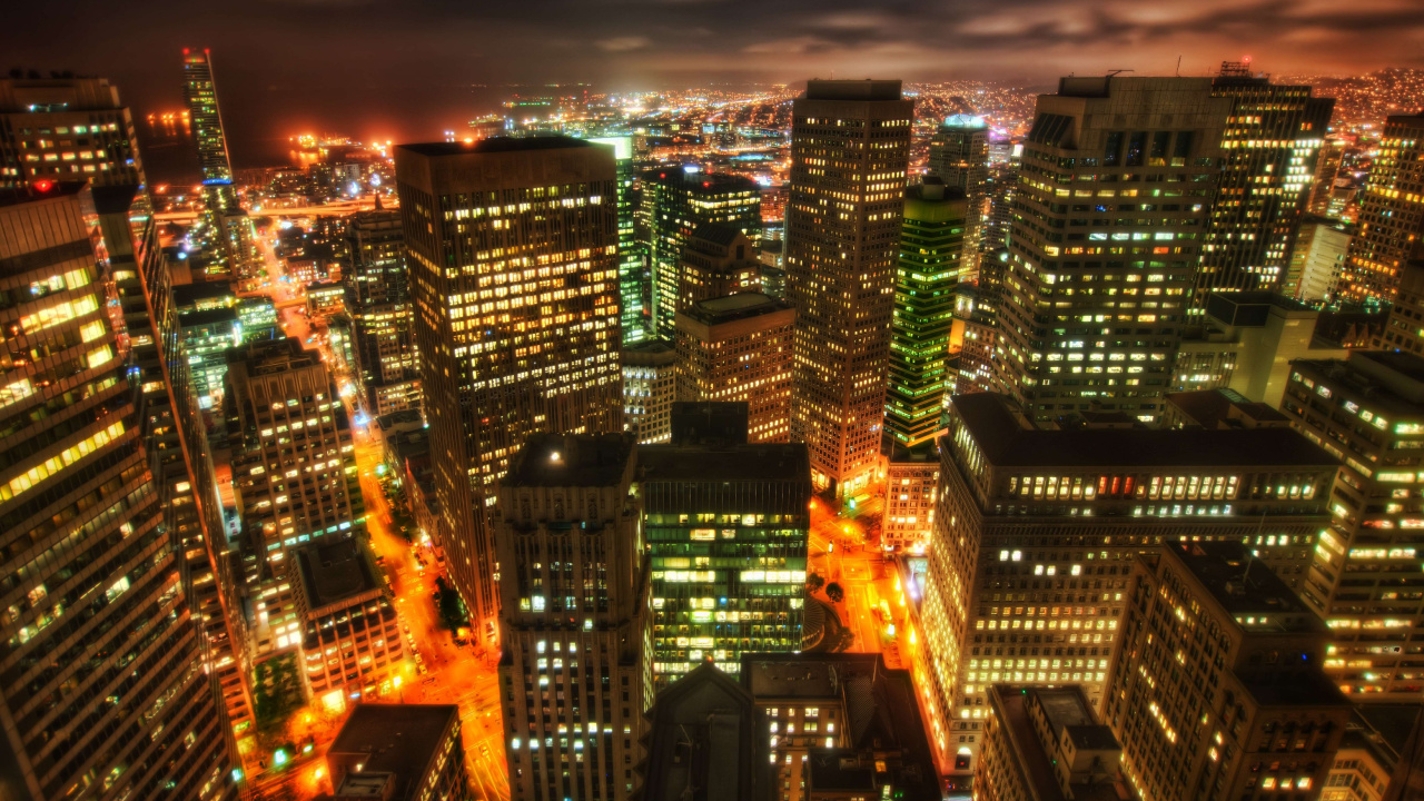 City With High Rise Buildings During Night Time. Wallpaper in 1280x720 Resolution