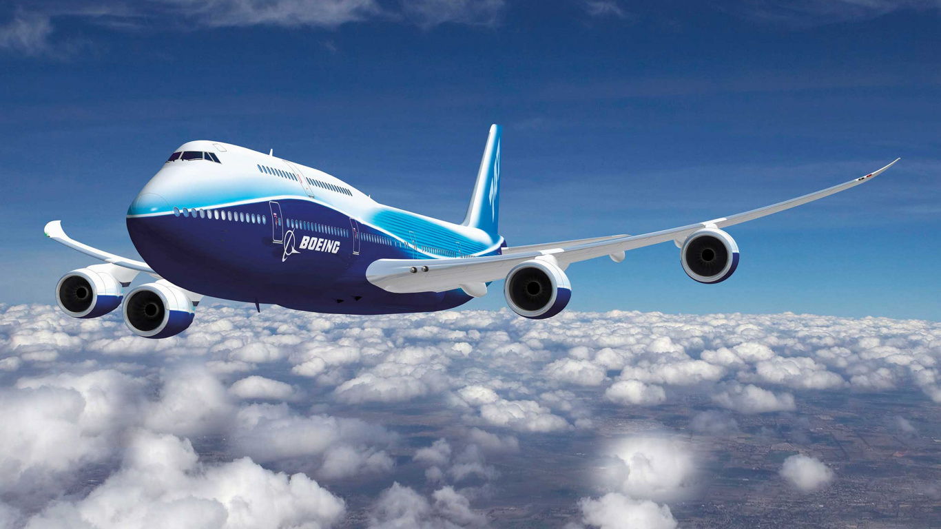 Avión Blanco y Azul Volando Bajo un Cielo Azul Durante el Día. Wallpaper in 1366x768 Resolution