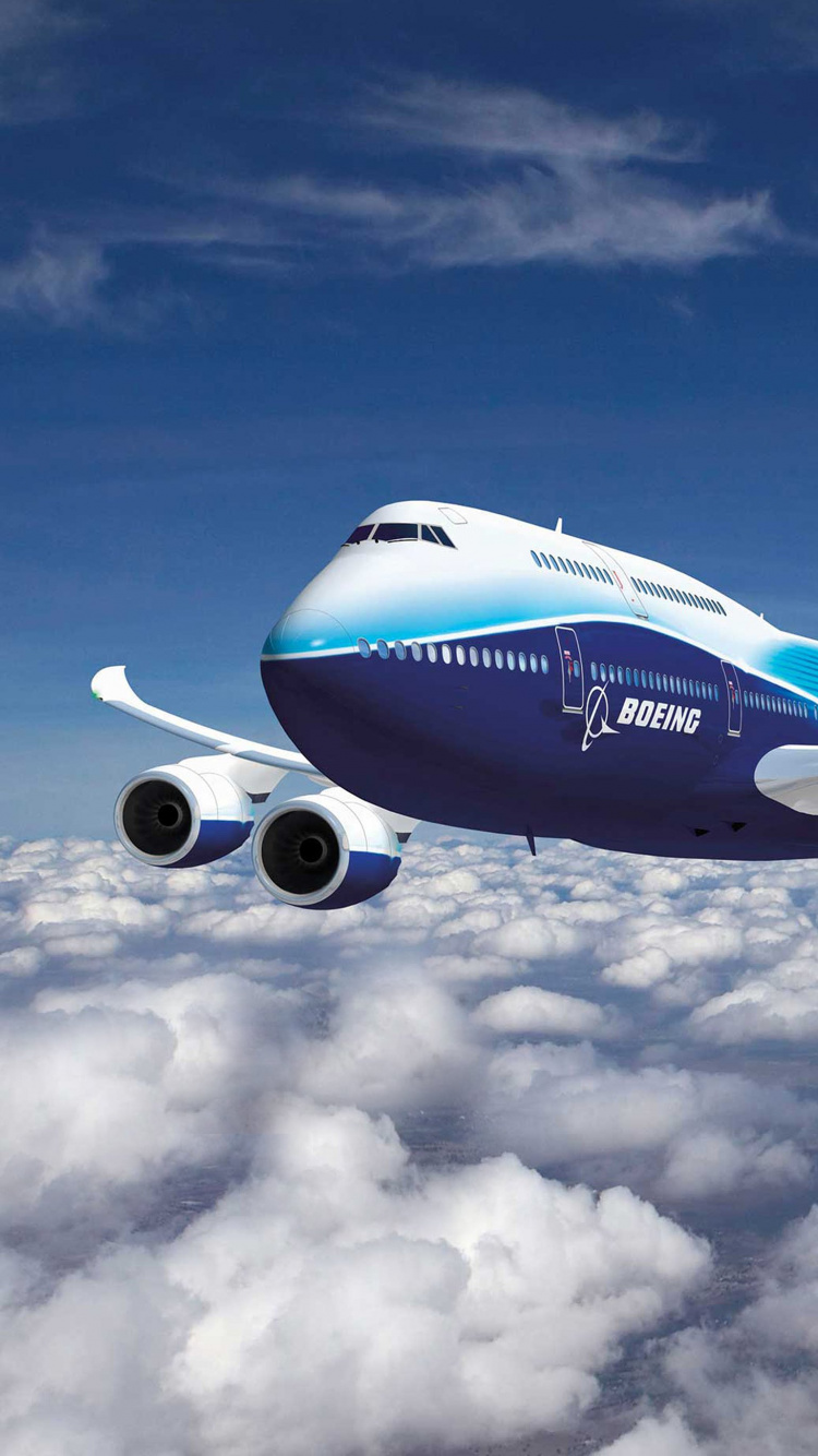 Avión Blanco y Azul Volando Bajo un Cielo Azul Durante el Día. Wallpaper in 750x1334 Resolution