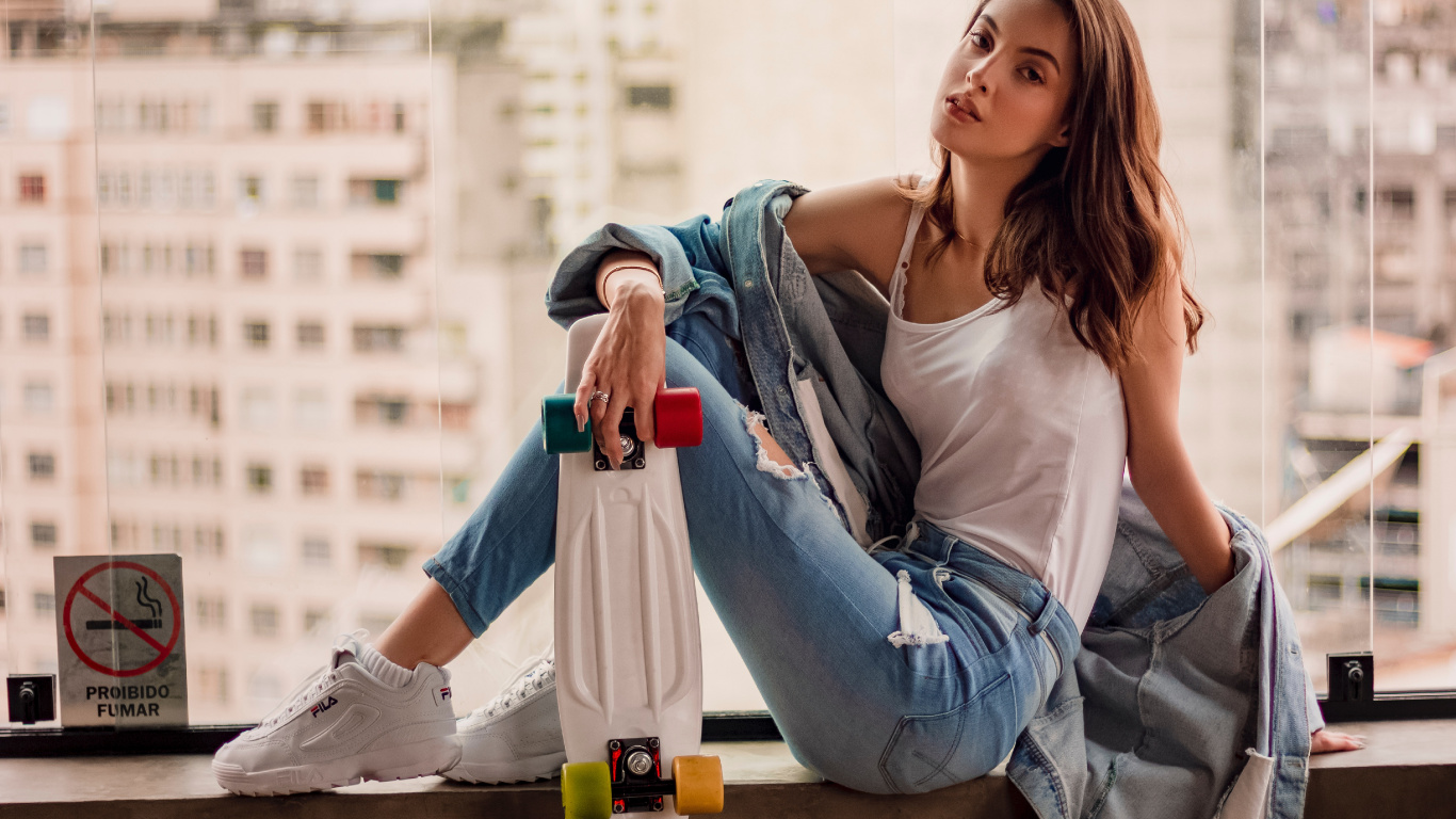 Street Fashion, Jeans, Footwear, Sitting, Textile. Wallpaper in 1366x768 Resolution