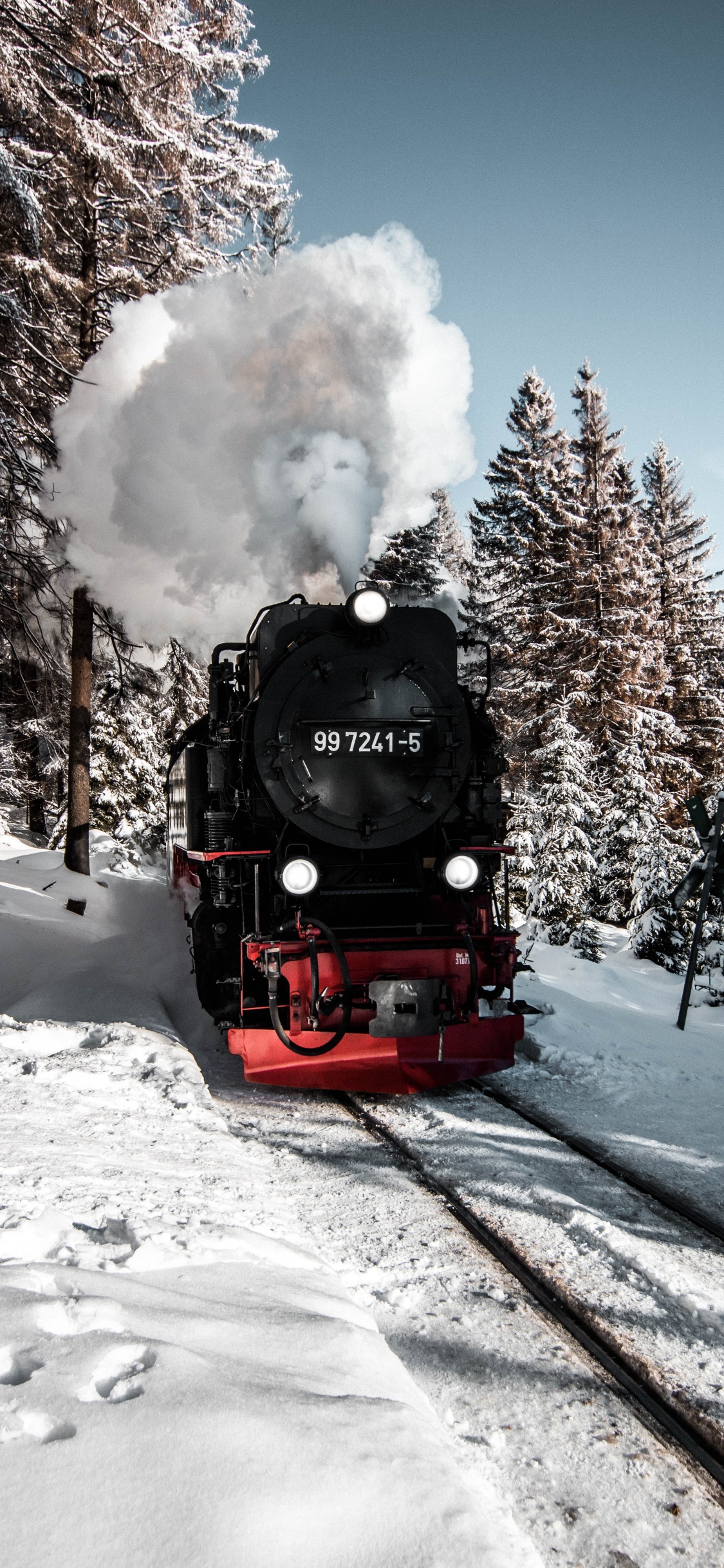 Train Rouge et Noir Sur Les Voies Ferrées Près Des Arbres Pendant la Journée. Wallpaper in 1125x2436 Resolution