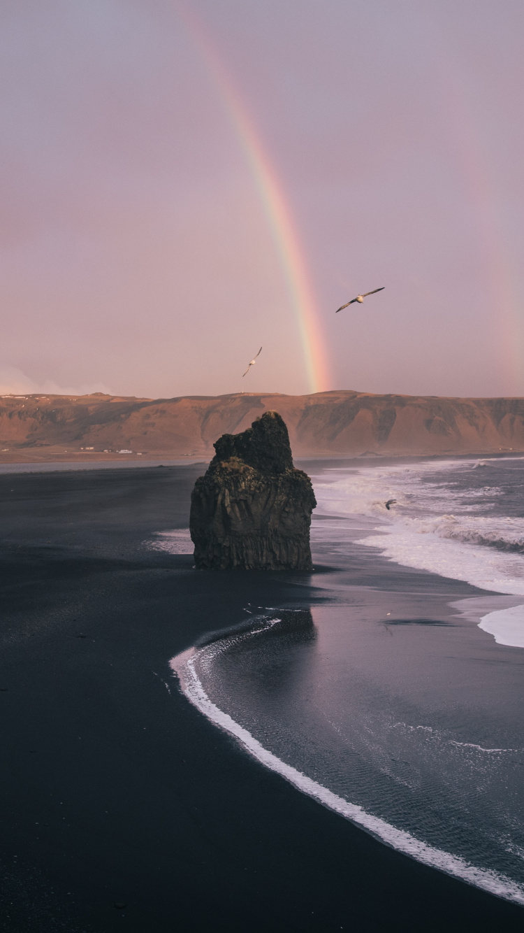 Meer, Wind Welle, Regenbogen, Rock, Küste. Wallpaper in 750x1334 Resolution