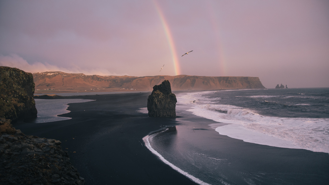 Sea, Wind Wave, Rainbow, Rock, Coast. Wallpaper in 1280x720 Resolution