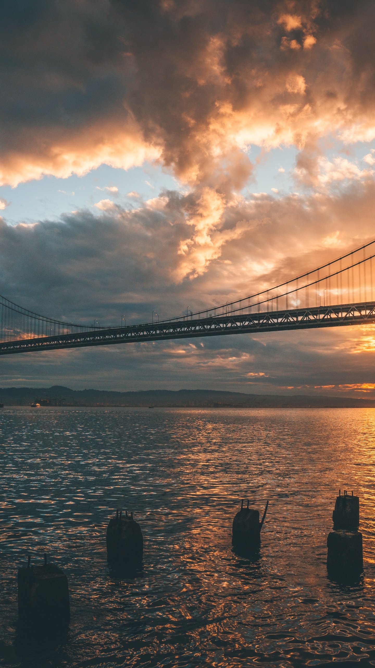 Goldene Stunde, Golden Gate Bridge, Architektur, Cloud, Wasser. Wallpaper in 1440x2560 Resolution