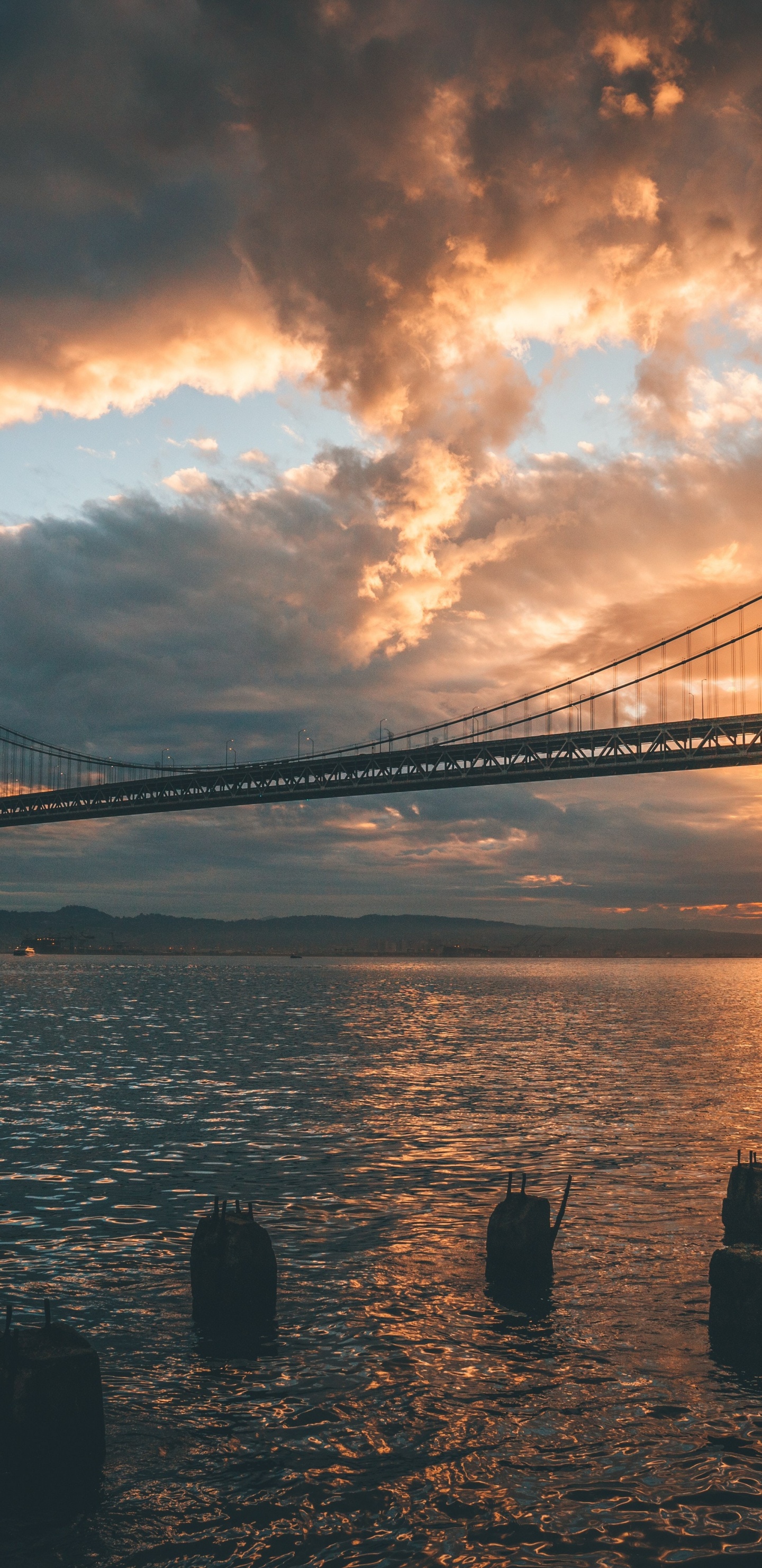 Hora de Oro, Puente Golden Gate, Arquitectura, Agua, Ambiente. Wallpaper in 1440x2960 Resolution