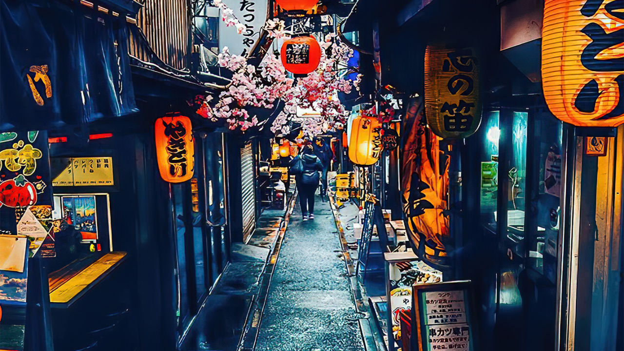Omoide Yokoch, Orange, Neighbourhood, Alley, Public Space. Wallpaper in 1280x720 Resolution