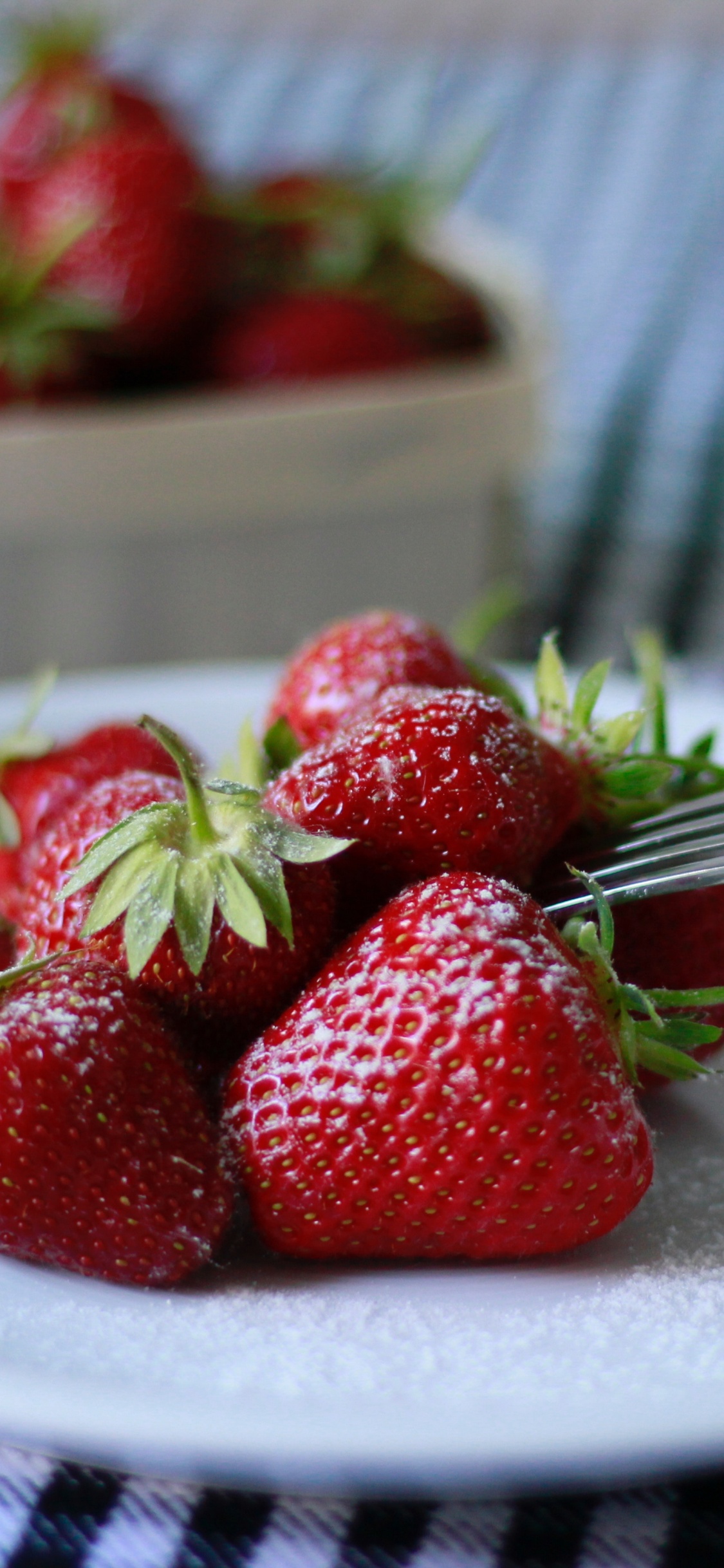 Red Strawberries on White and Blue Ceramic Plate. Wallpaper in 1125x2436 Resolution