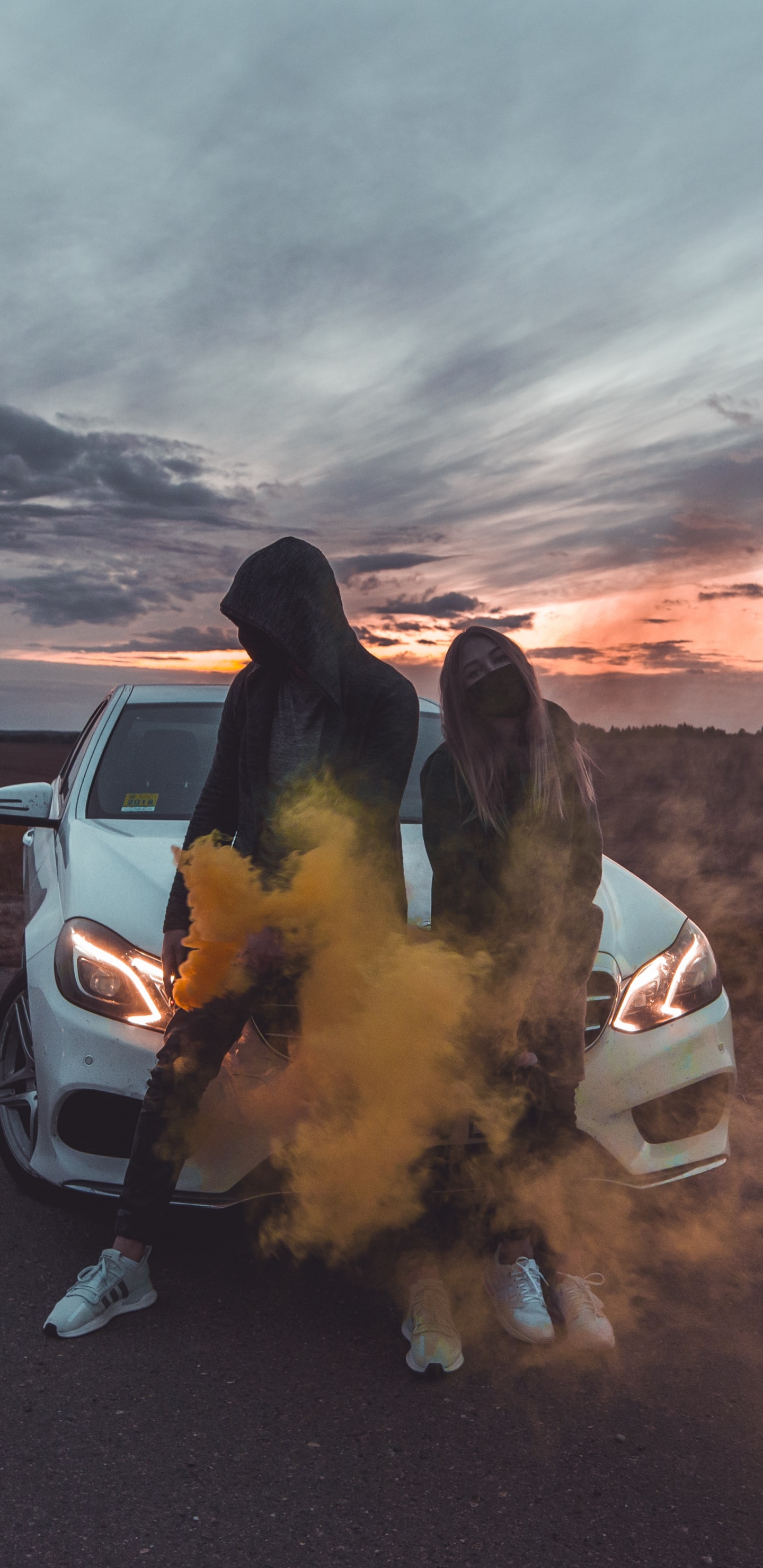 White Car on Gray Sand During Sunset. Wallpaper in 1440x2960 Resolution