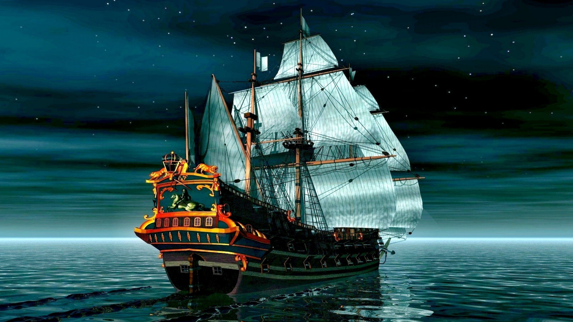 Brown and Black Galleon Ship on Sea During Night Time. Wallpaper in 1920x1080 Resolution