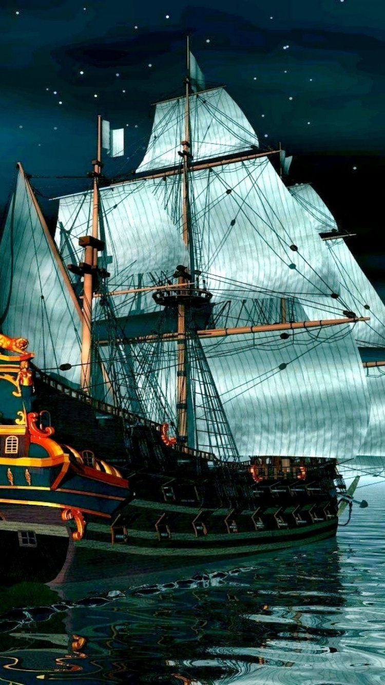 Brown and Black Galleon Ship on Sea During Night Time. Wallpaper in 750x1334 Resolution