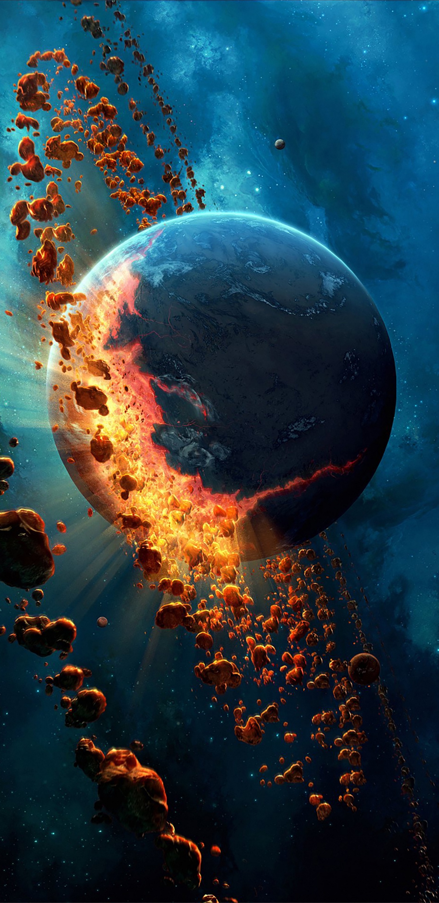 Blauer Und Oranger Planet Mit Blauen Und Weißen Lichtern. Wallpaper in 1440x2960 Resolution