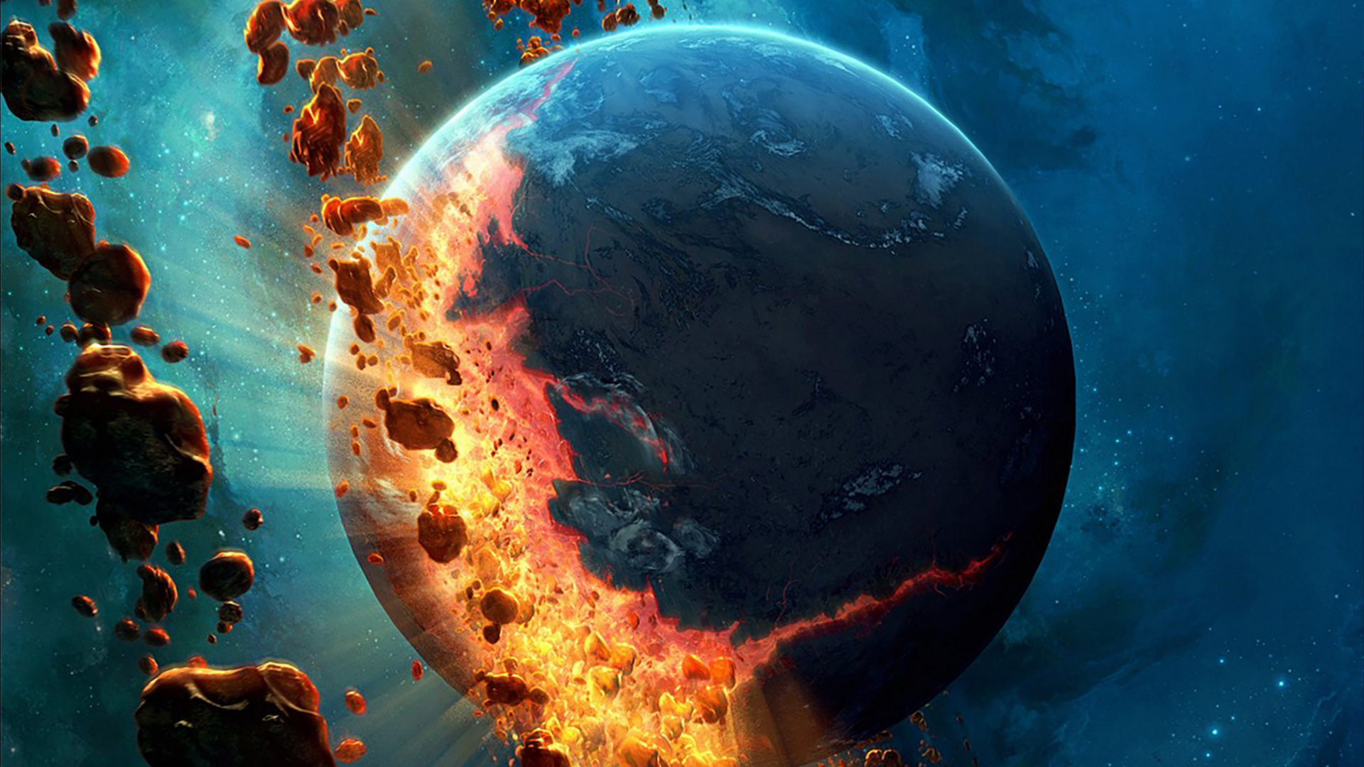 Blauer Und Oranger Planet Mit Blauen Und Weißen Lichtern. Wallpaper in 1920x1080 Resolution