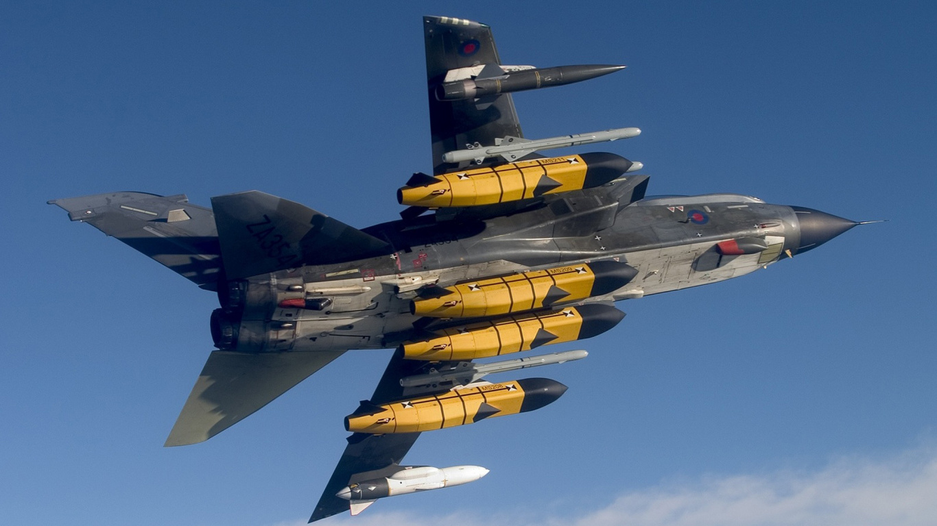 Black and Yellow Fighter Jet Flying in The Sky. Wallpaper in 1366x768 Resolution
