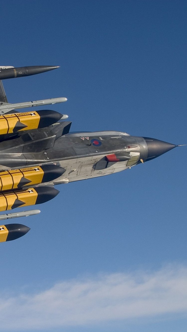 Black and Yellow Fighter Jet Flying in The Sky. Wallpaper in 750x1334 Resolution