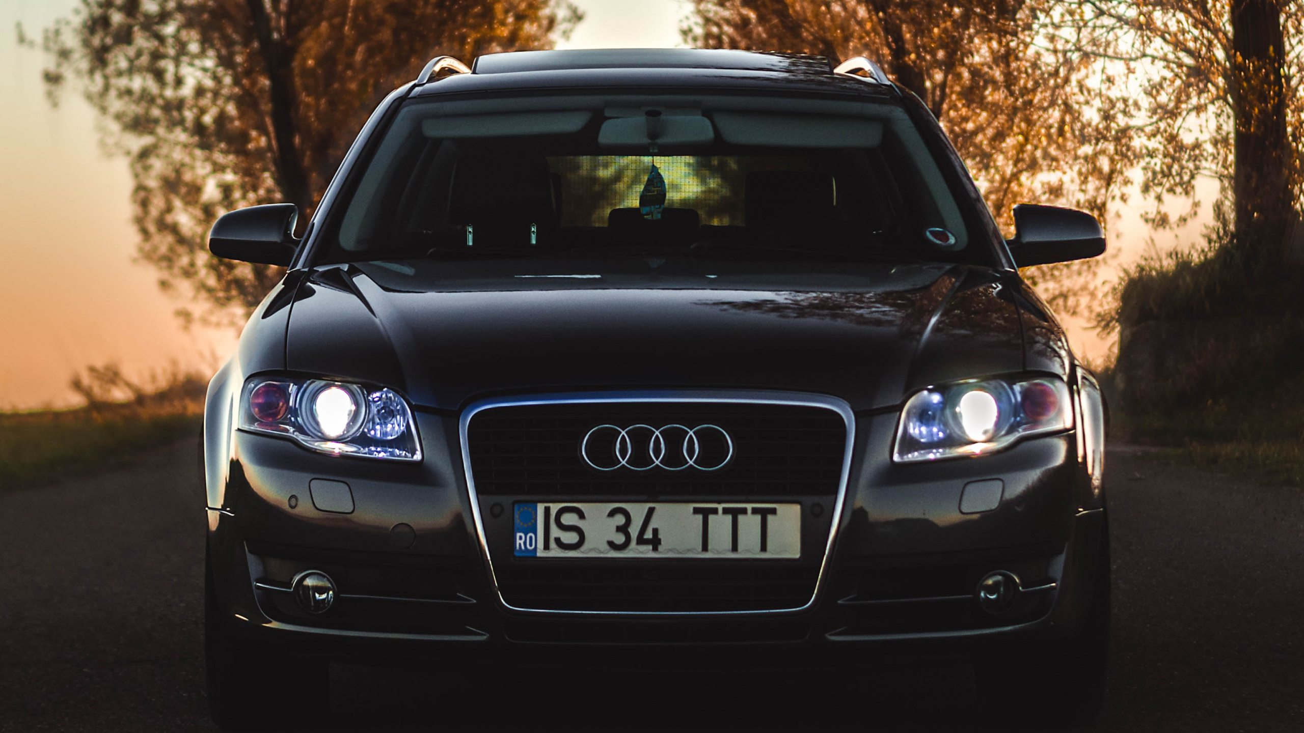 Schwarzer Audi a 4 Parkte Bei Sonnenuntergang Auf Grüner Wiese. Wallpaper in 2560x1440 Resolution