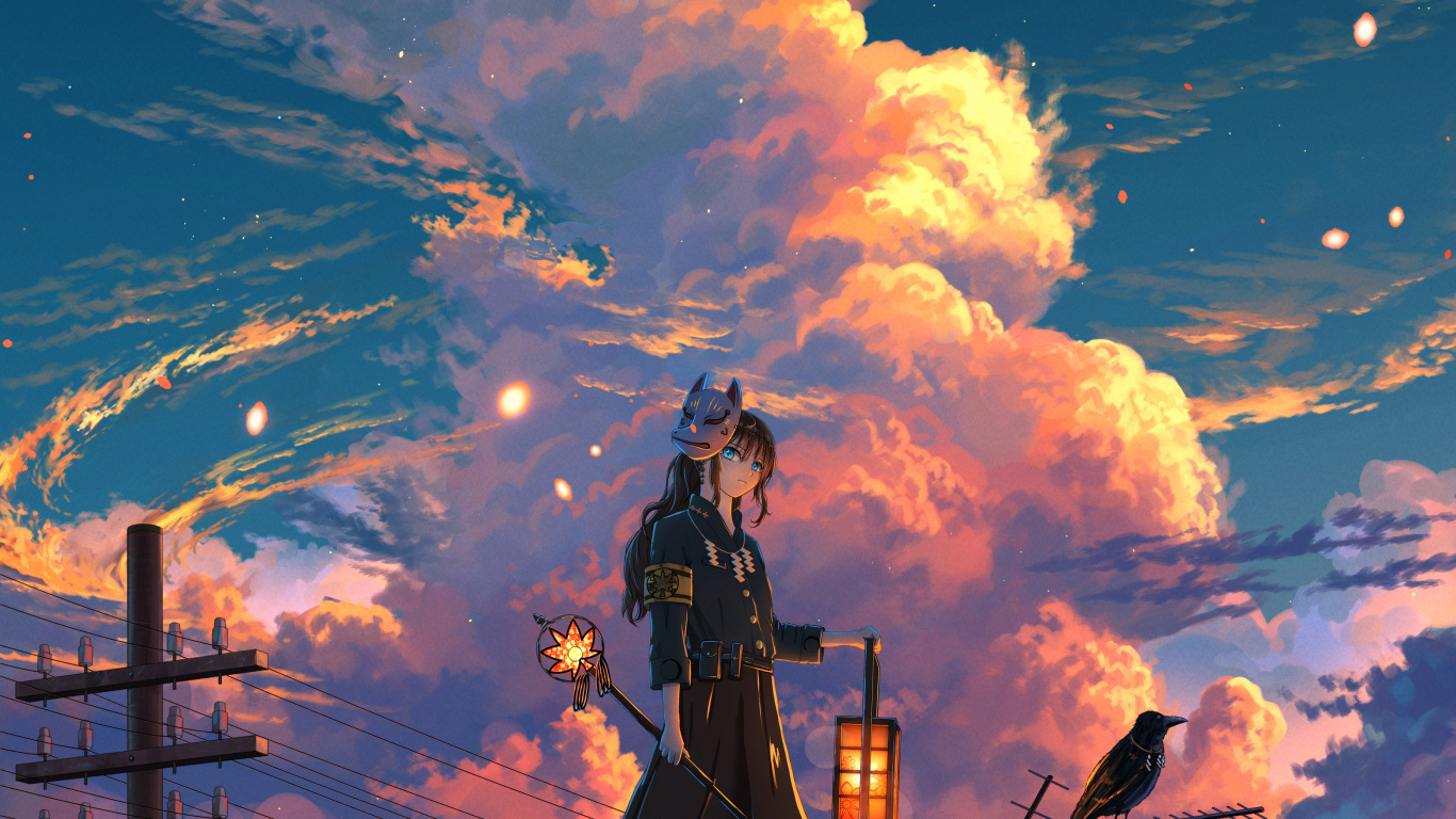 Anime, Anime-Kunst, Cloud, Gebäude, Afterglow. Wallpaper in 1366x768 Resolution