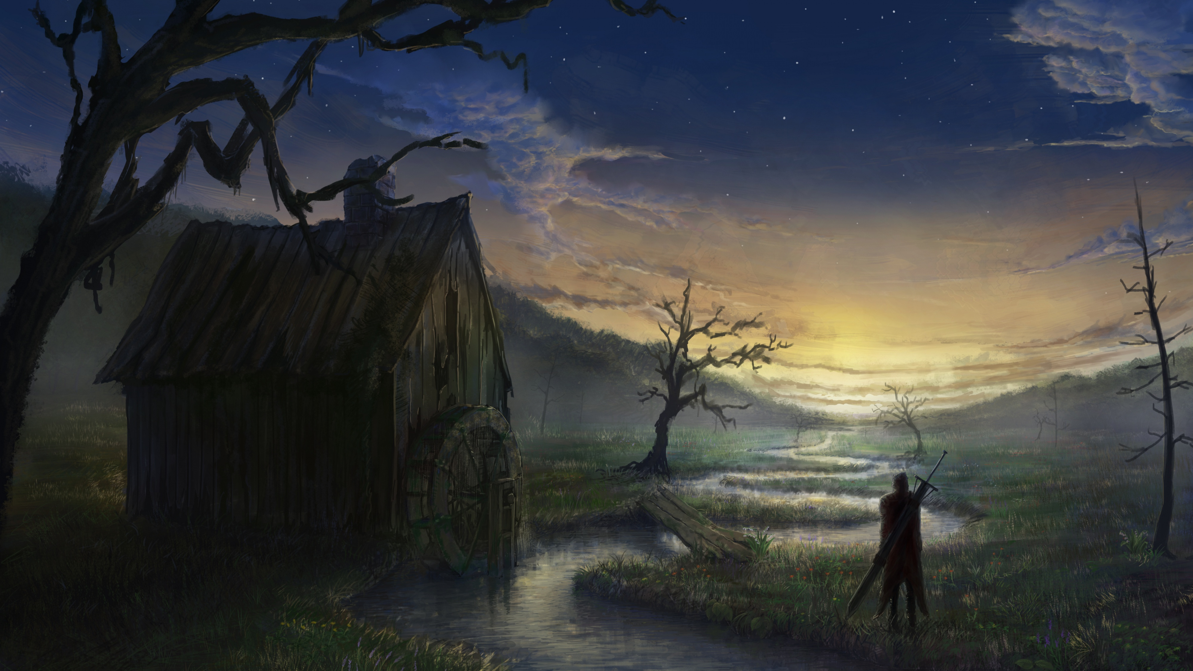 Person Standing on Grass Field Near House Painting. Wallpaper in 3840x2160 Resolution