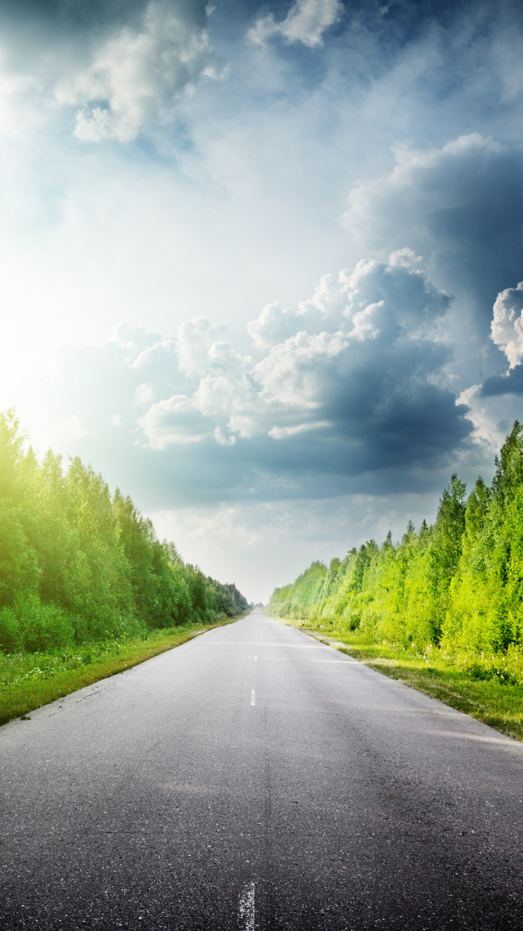 Graue Betonstraße Zwischen Grünem Grasfeld Unter Weißen Wolken Und Blauem Himmel Tagsüber. Wallpaper in 750x1334 Resolution