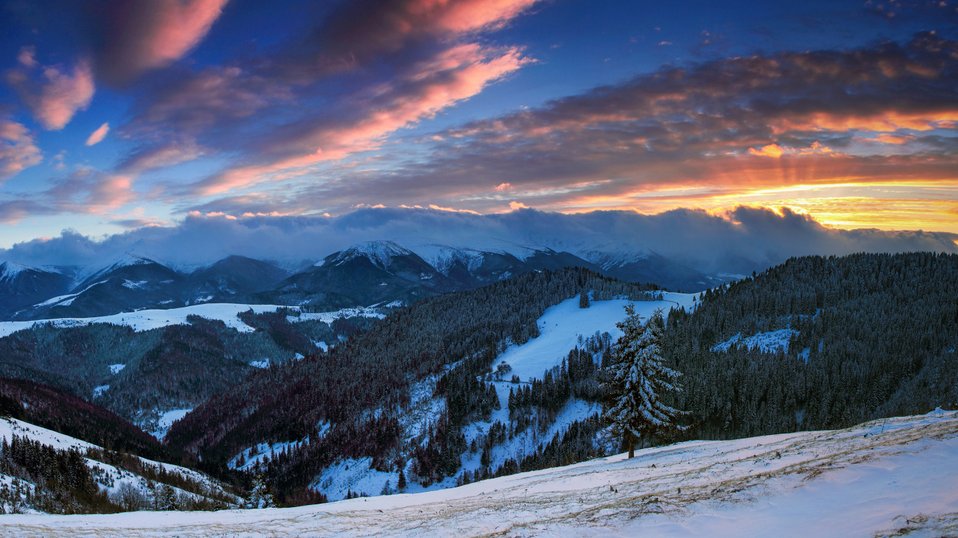 Snow Covered Mountain Under Cloudy Sky During Daytime. Wallpaper in 1366x768 Resolution