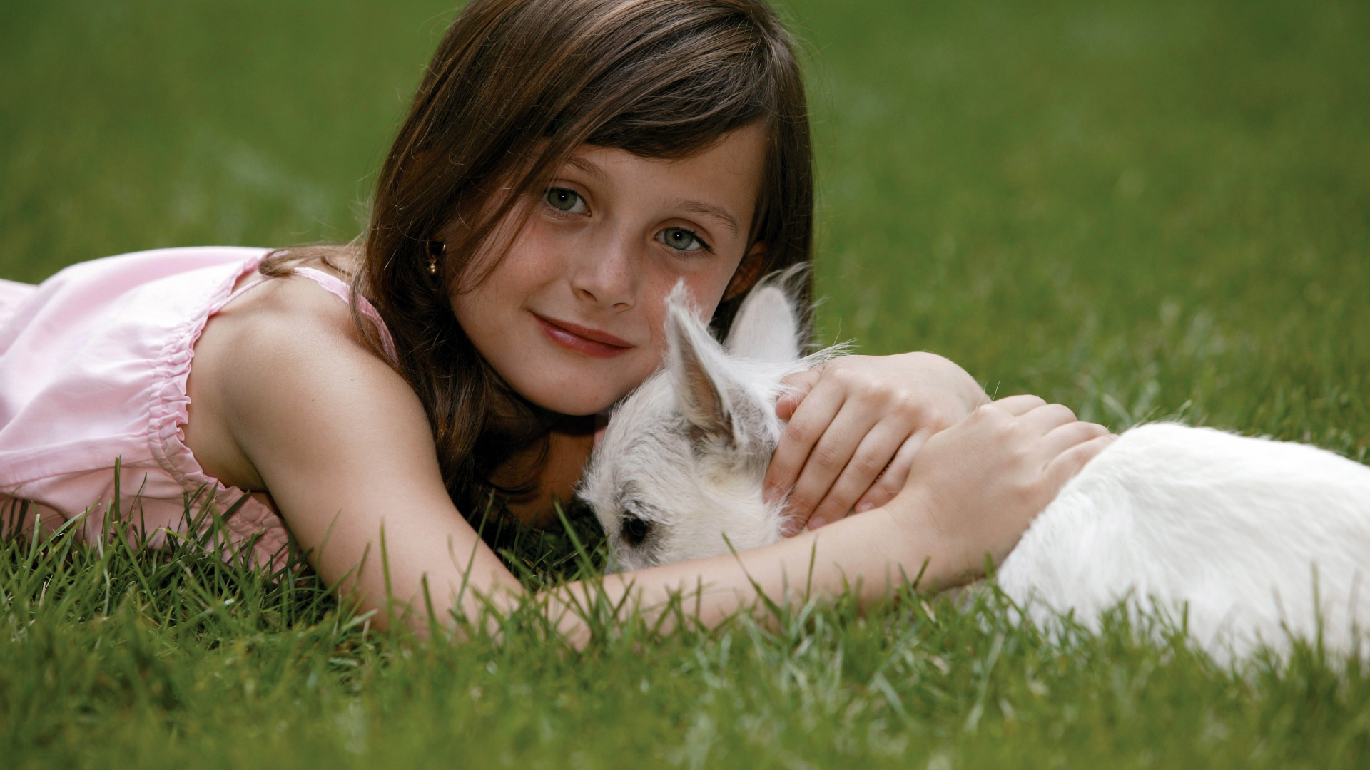 Femme Allongée Sur un Champ D'herbe Verte Avec un Chat Blanc. Wallpaper in 1920x1080 Resolution