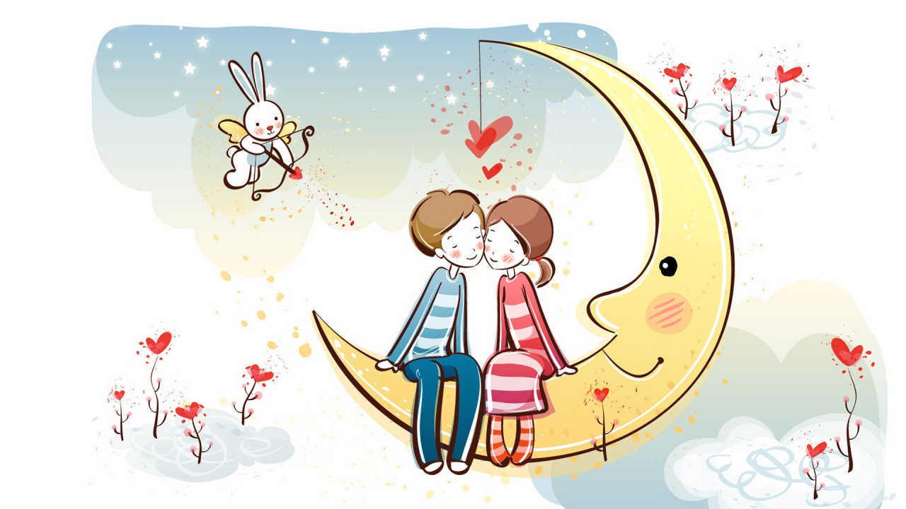卡通, 夫妇, 剪贴画的, 月亮, 浪漫 壁纸 1280x720 允许