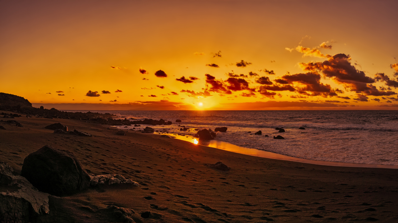 Silhouette de Personnes Sur la Plage Pendant le Coucher du Soleil. Wallpaper in 1280x720 Resolution