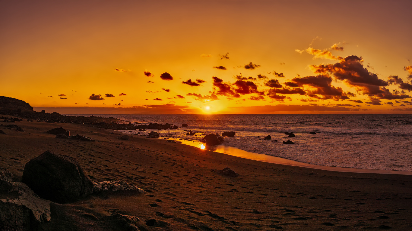 Silhouette de Personnes Sur la Plage Pendant le Coucher du Soleil. Wallpaper in 1366x768 Resolution