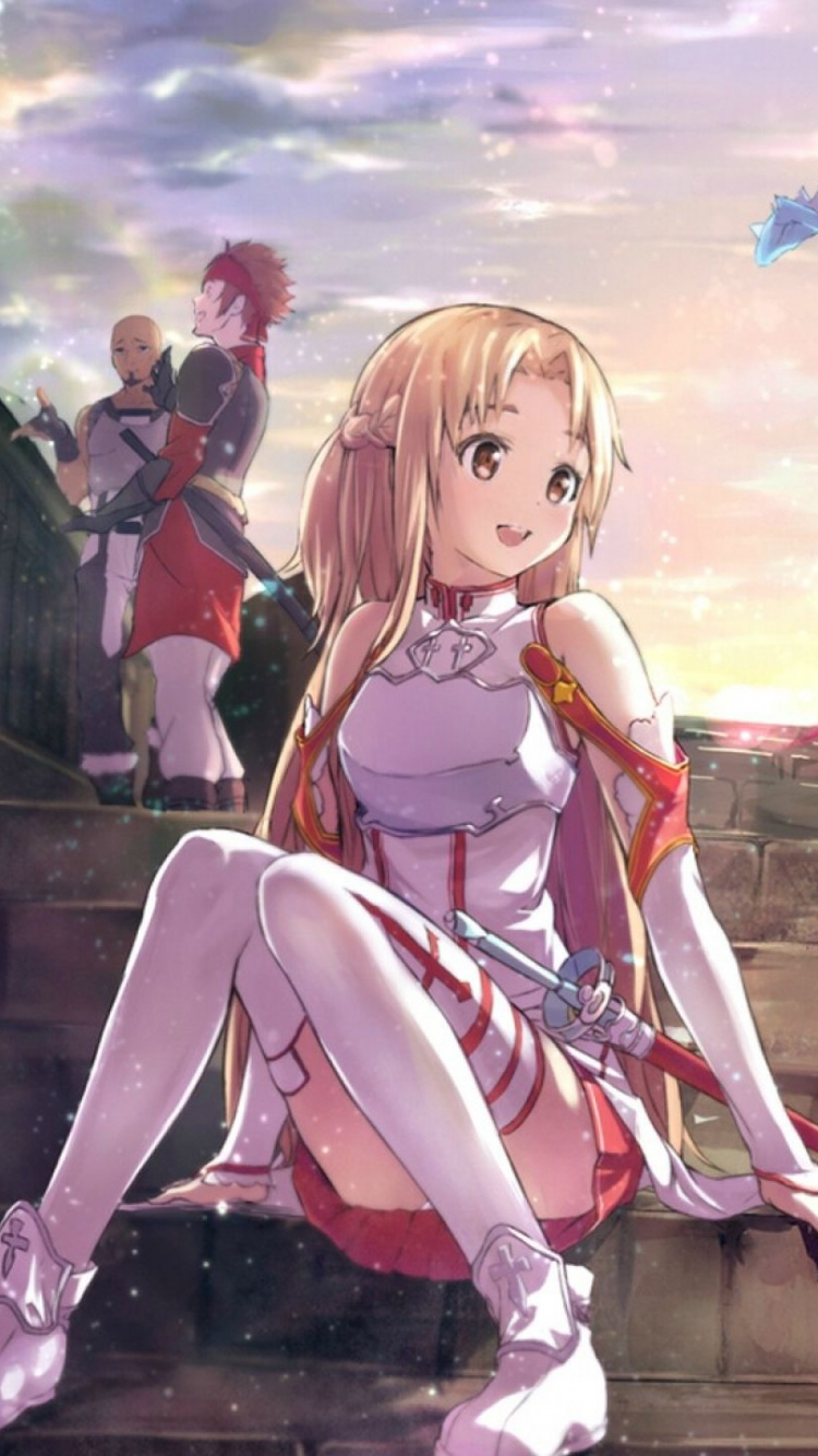 3 Mädchen-Anime-Figuren, Die Auf Einer Braunen Holzbank Sitzen. Wallpaper in 750x1334 Resolution