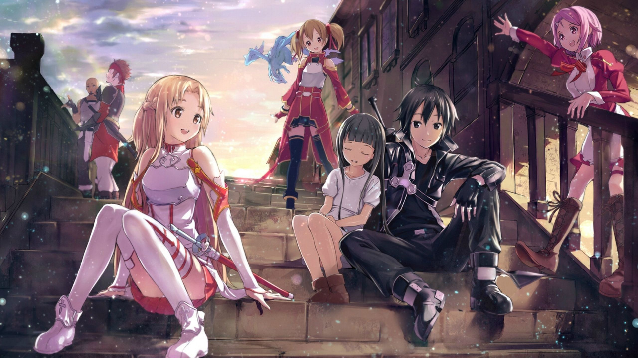 3 Personnages D'anime Fille Assis Sur un Banc en Bois Marron. Wallpaper in 1280x720 Resolution