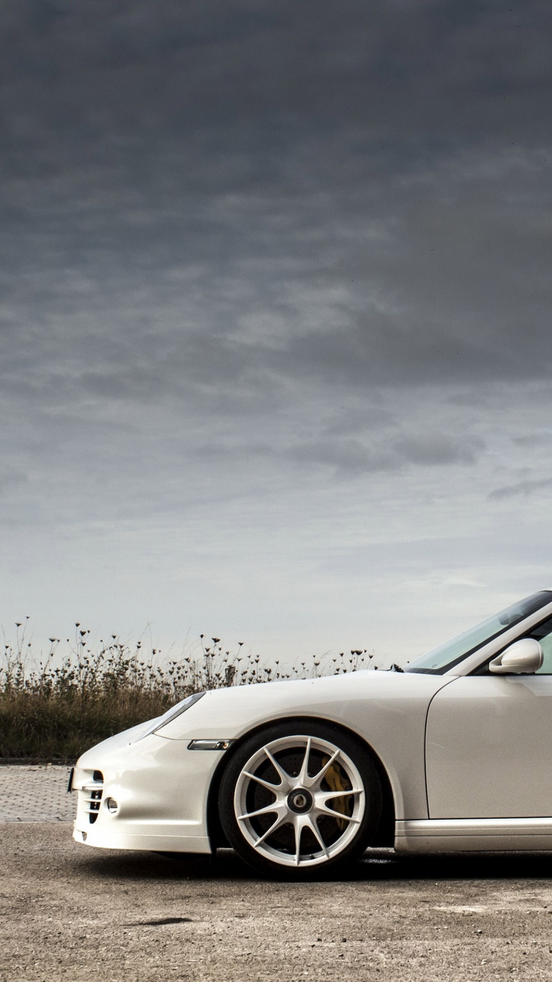 White Porsche 911 on Gray Asphalt Road Under Gray Cloudy Sky. Wallpaper in 1080x1920 Resolution