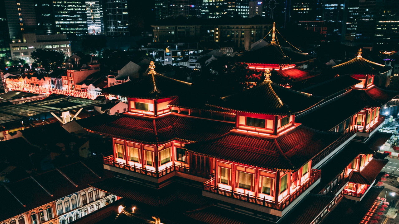 Red and Black Temple During Night Time. Wallpaper in 1280x720 Resolution