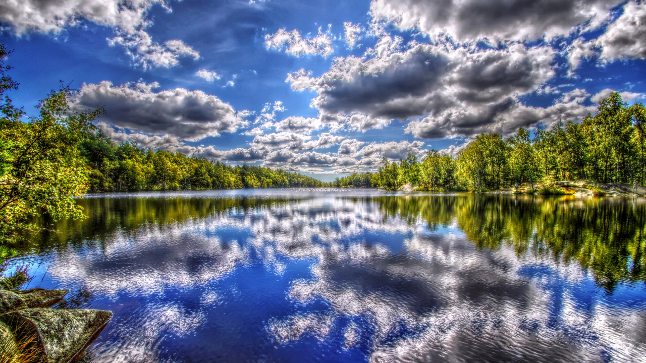 Arbres Verts à Côté D'un Plan D'eau Sous un Ciel Bleu et Des Nuages Blancs Pendant la Journée. Wallpaper in 1280x720 Resolution