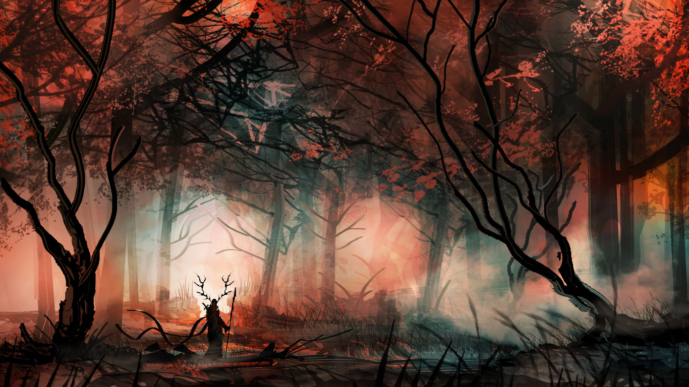 Person Steht Auf Wald Mit Nebel. Wallpaper in 1366x768 Resolution