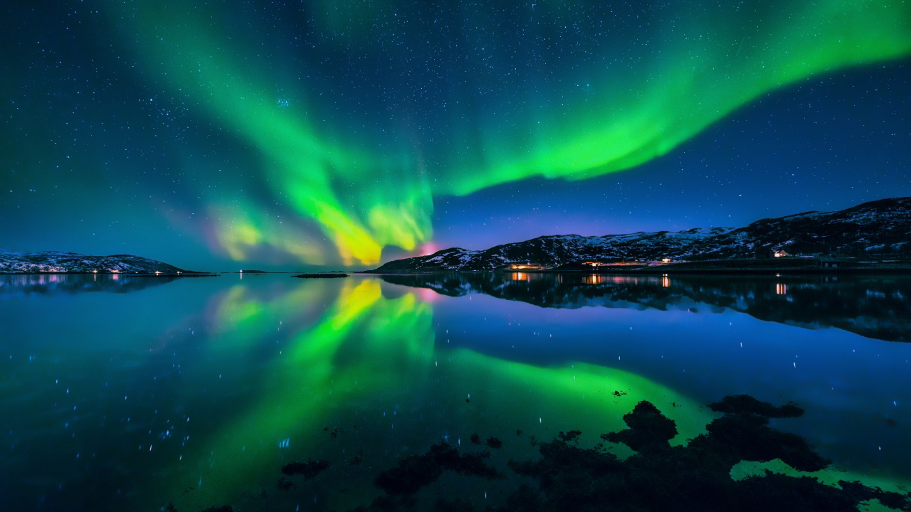 Nature, Aurora, Nuit, Green, Réflexion. Wallpaper in 1280x720 Resolution