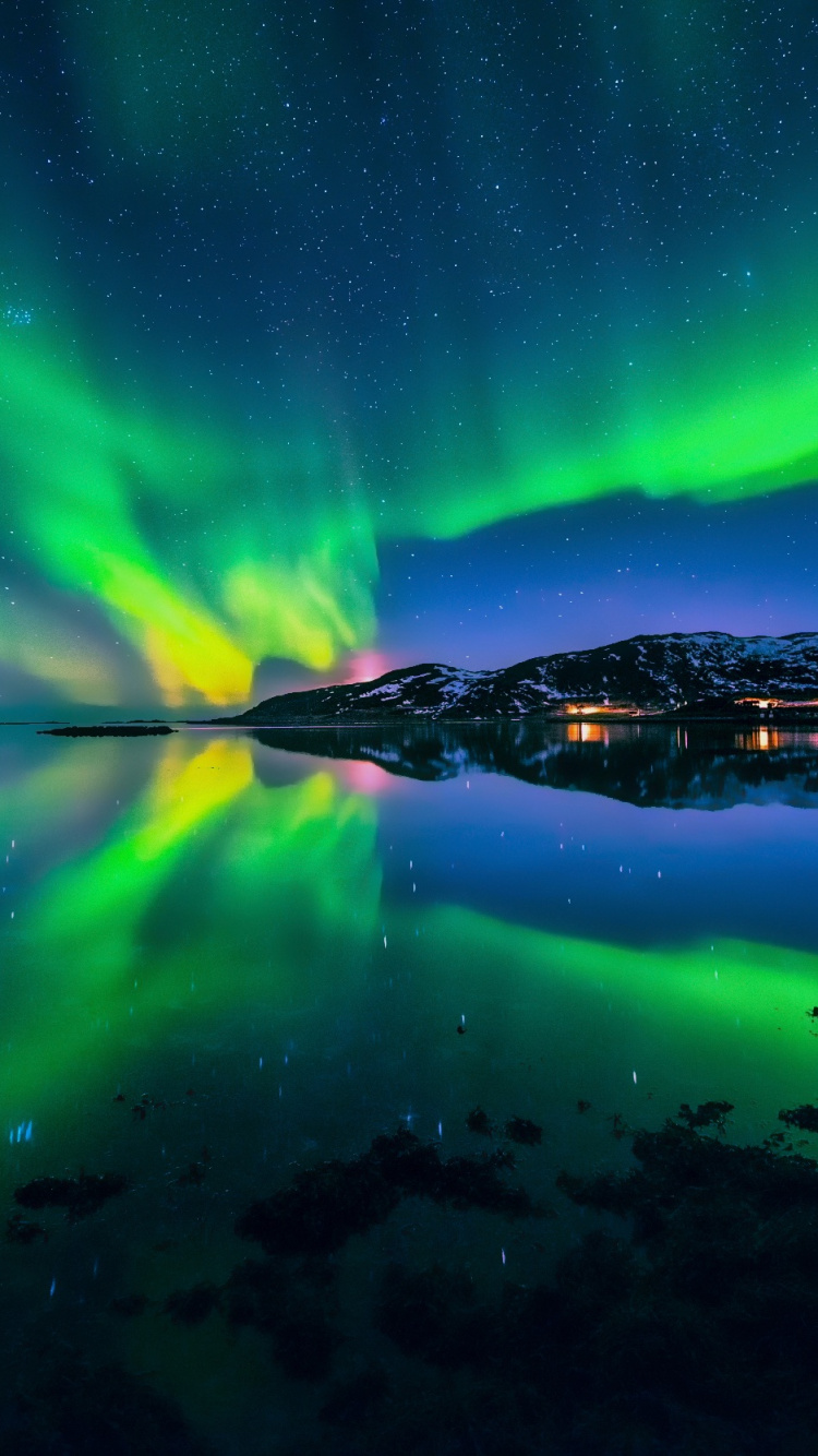Nature, Aurora, Nuit, Green, Réflexion. Wallpaper in 750x1334 Resolution