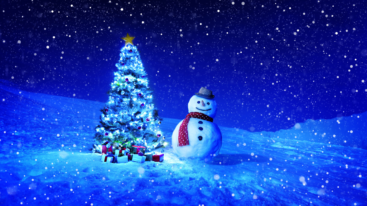 圣诞树, 雪人, 圣诞节那天, Fir, 冬天 壁纸 1280x720 允许