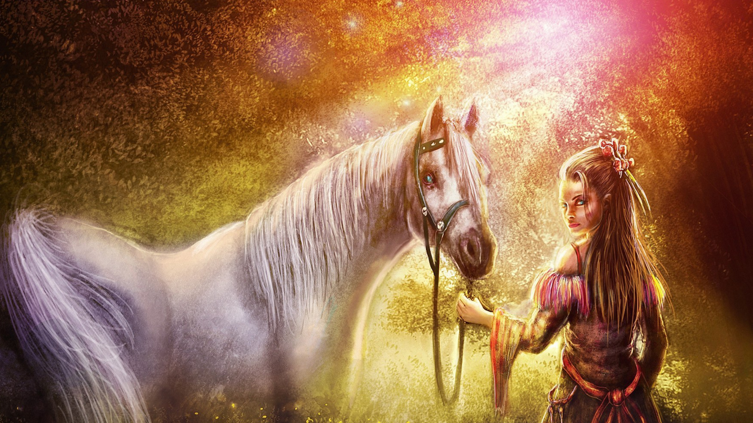 Femme en Robe Marron Tenant Une Peinture de Cheval Blanc. Wallpaper in 2560x1440 Resolution