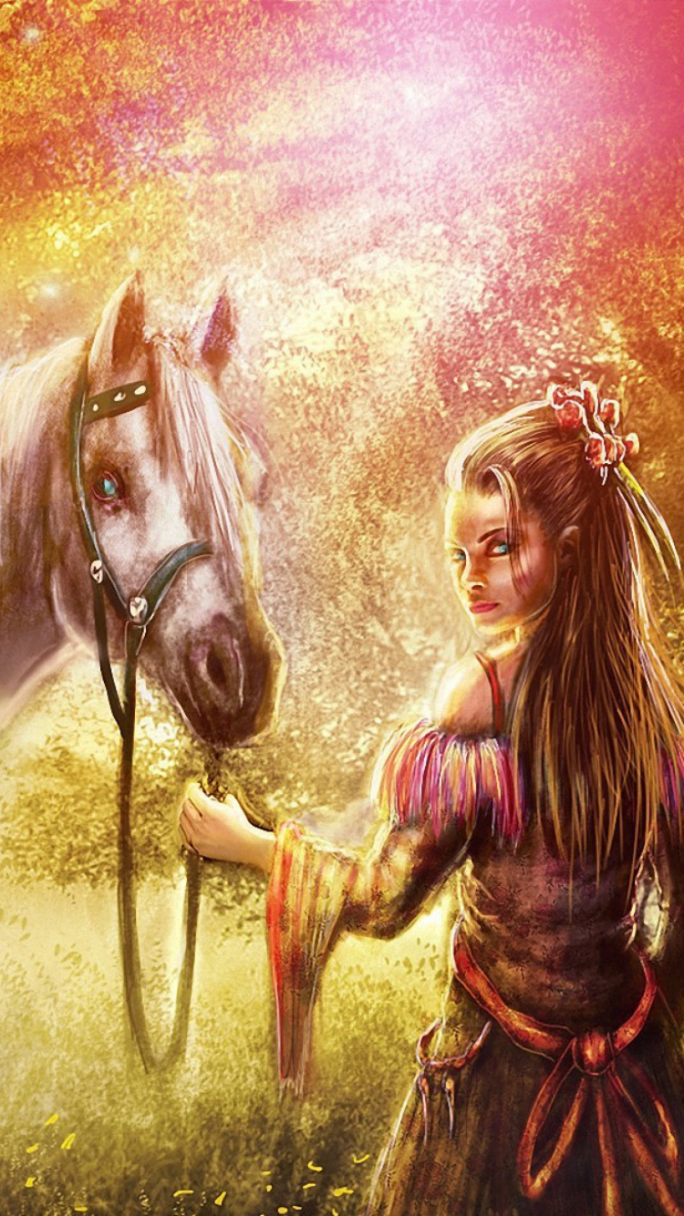 Femme en Robe Marron Tenant Une Peinture de Cheval Blanc. Wallpaper in 750x1334 Resolution