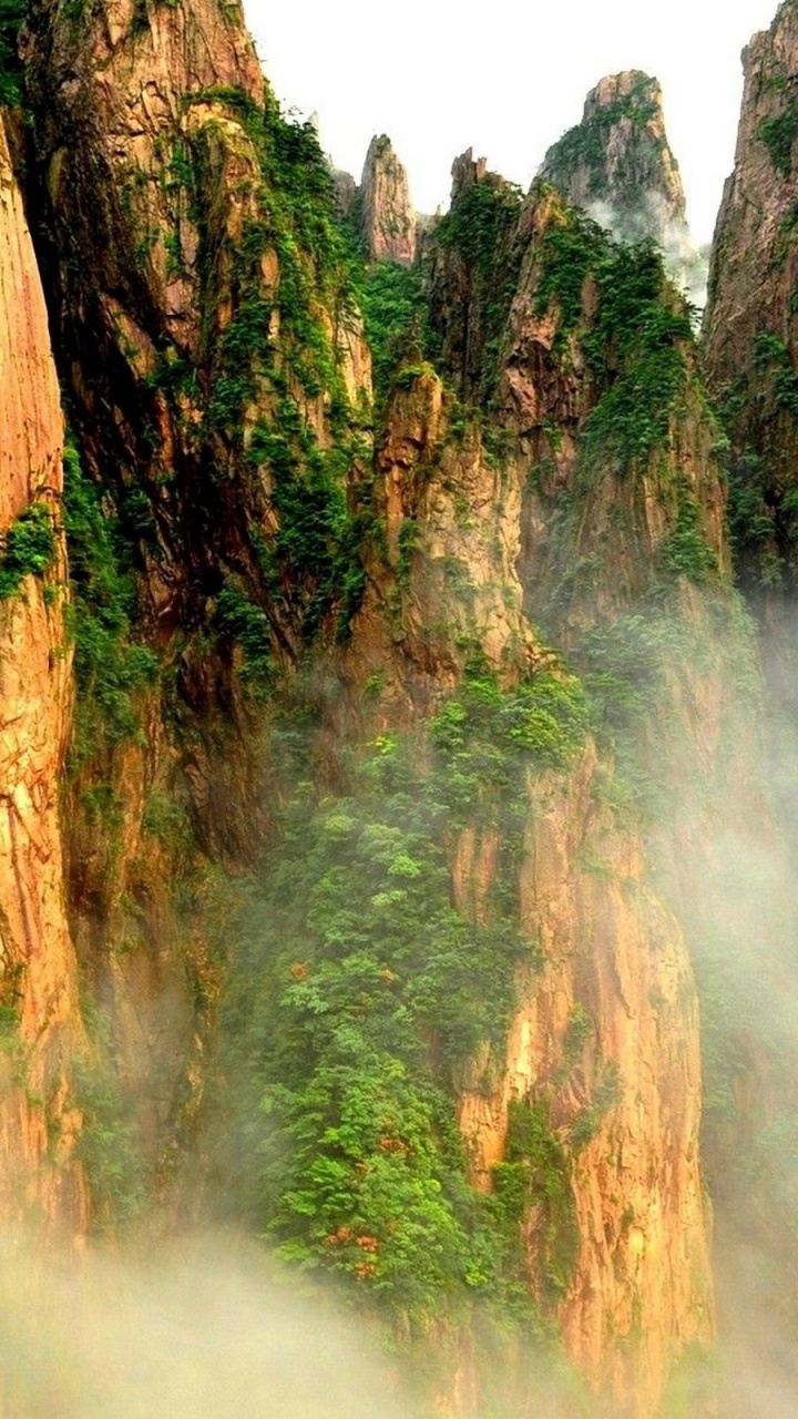 Green and Brown Mountain With Fog. Wallpaper in 720x1280 Resolution