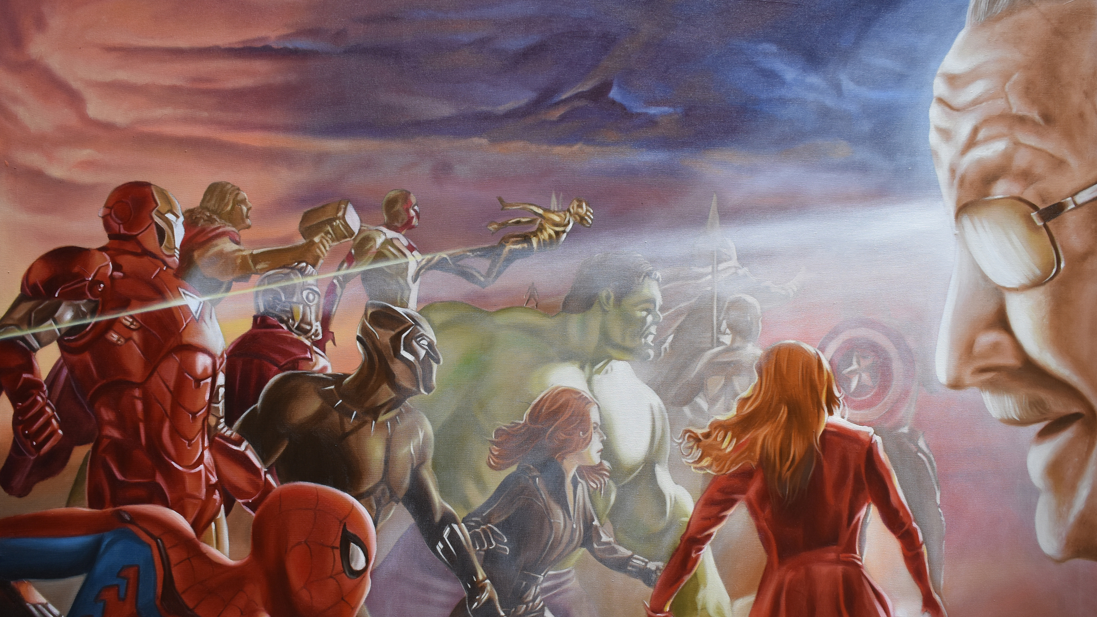 Frau im Roten Kleid Steht Neben Mann im Schwarzen Hemd Malerei. Wallpaper in 3840x2160 Resolution